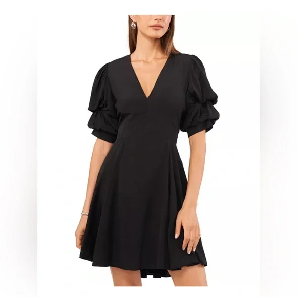black dress pants petite women Amulet Shirring Puff Sleeve Dress Ladies Long Length Solid Black Short